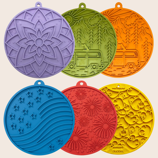 Farm To Pet Dog Lick Mats with Suction Cups Lick Mat Misty Rose Yellow Duckies,Purple Lotus,Orange Camp,Green Camp,Red Fireworks,Blue Stars & Stripes