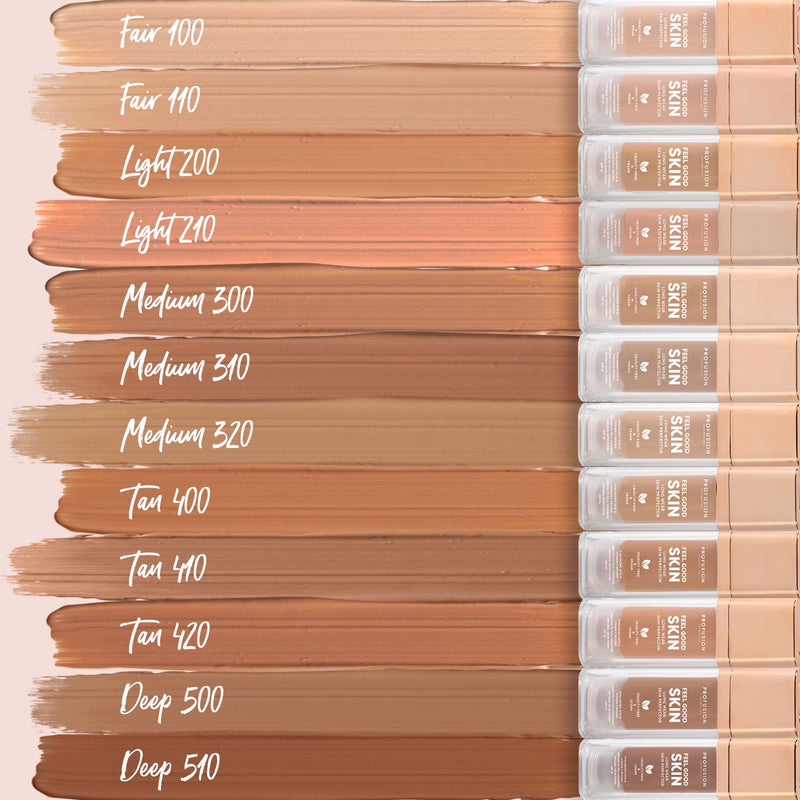 Profusion Cosmetics Feel Good Skin Long Wear Skin Perfector Face Rosy Brown Fair 100,Fair 110,Light 200,Light 210,Medium 300,Medium 310,Medium 320,Tan 400,Tan 410,Tan 420,Deep 500,Deep 510