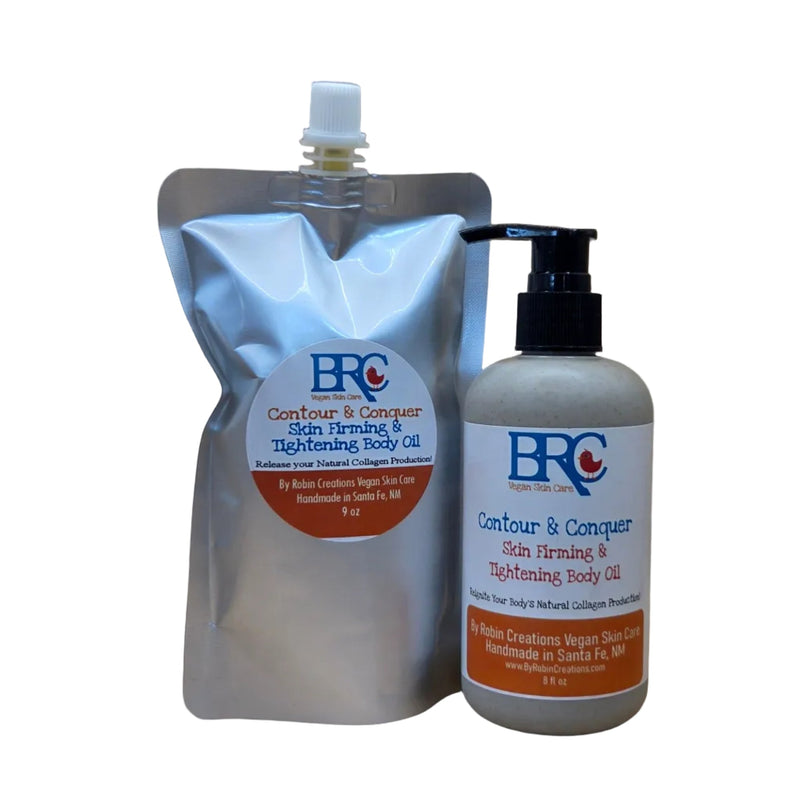 By Robin Creations Contour & Conquer Natural Skin Firming & Tightening Body Oil for Loose Skin Lotion & Moisturizer White Smoke 8oz Biodegradable Wheat Straw Bottle,16oz Biodegradable Wheat Straw Bottle,9oz Aluminum Refill Pouch,18oz Aluminum Refill Pouch