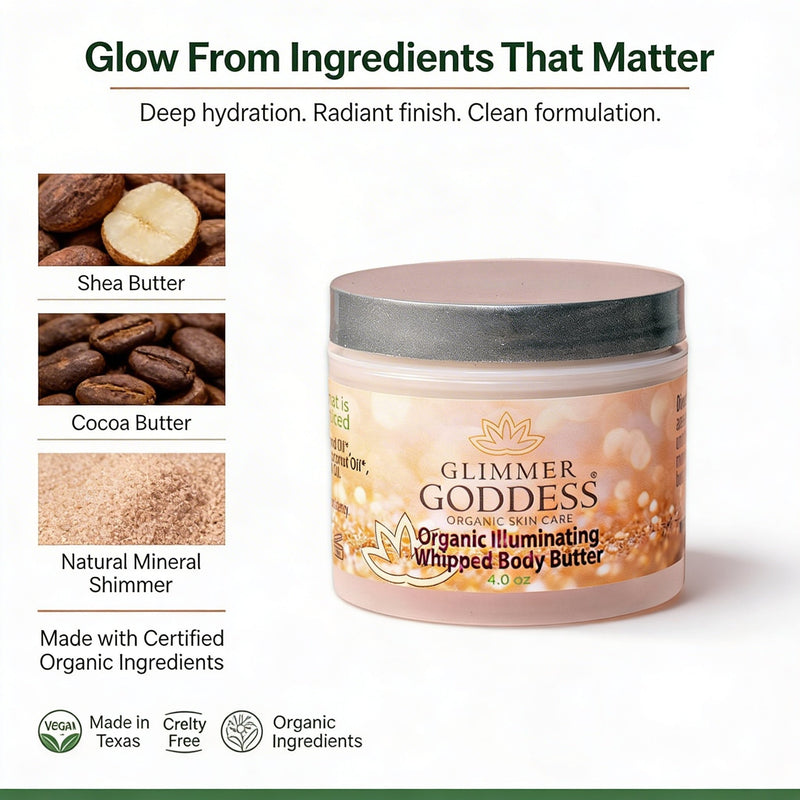 Glimmer Goddess® Organic Skin Care Organic Shimmer Body Butter – Radiant, Deep Hydration Shimmer White Smoke Bronze / Soft Glow - Level 1,Bronze / Noticeable Glow - Level 2,Bronze / Bold Glow - Level 3,Diamond / Soft Glow - Level 1,Diamond / Noticeable Glow - Level 2,Diamond / Bold Glow - Level 3,Gold / Soft Glow - Level 1,Gold / Noticeable Glow - Level 2,Gold /
