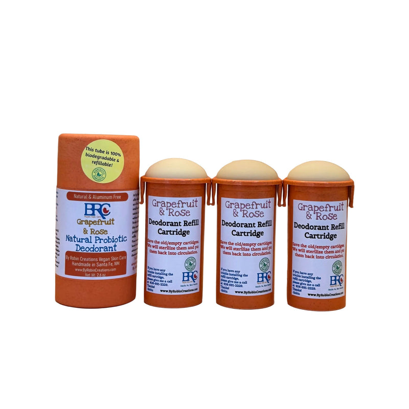 By Robin Creations Natural Probiotic Deodorant Stick Deodorant & Body Care White Smoke Grapefruit & Rose / 1 Full Tube + 3 Refills