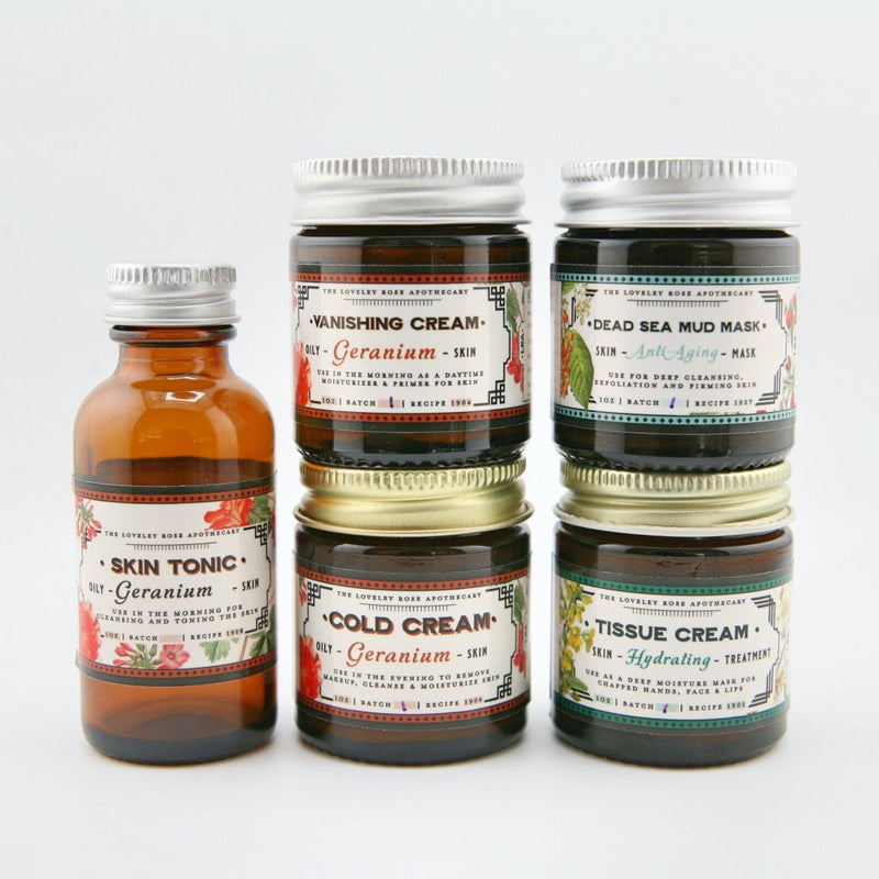 The Lovely Rose Apothecary Geranium Travel Beauty Set Beige w/ Dead Sea Mud Mask Anti-Aging + Tissue Cream