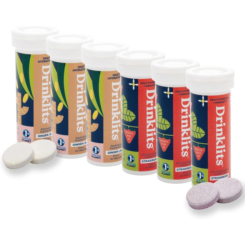 Drinklits Ginger-Lime Daily Hydration Mix & Strawberry Daily Immune Support - 6 Tubes | 60 Servings Hydration Electrolyte Tablets White Smoke