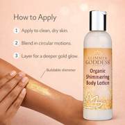 Glimmer Goddess® Organic Skin Care Organic Gold Shimmer Body Lotion – Buildable Luminous Glow Shimmer Bisque 8 oz. / Sexy,8 oz. / Super,4 oz. / Sexy,4 oz. / Super