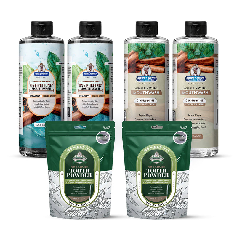 Garner's Garden 2 Pack Oral Care Package | Trio | H2O2 | Fluoride Free Packages White Smoke 2 x 16oz Reduced Cinnamint Mouthwash & Oxy Pulling / 2 x 2oz Organic Tooth Powder