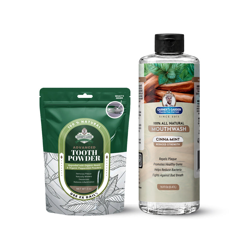 Garner's Garden Natural Mouthwash and Tooth Powder | H2O2 | Antibacterial Fluoride-Free Mouthwash White Smoke 16 oz Reduced Cinnamint Mouthwash / 2oz Organic Tooth Powder
