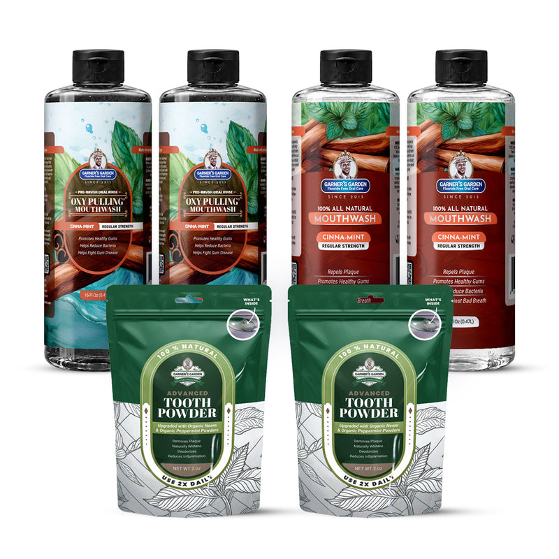 Garner's Garden 2 Pack Oral Care Package | Trio | H2O2 | Fluoride Free Packages White Smoke 2 x 16oz Regular Cinnamint Mouthwash & Oxy Pulling / 2 x 2oz Organic Tooth Powder