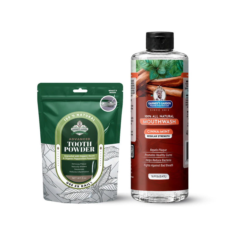 Garner's Garden Natural Mouthwash and Tooth Powder | H2O2 | Antibacterial Fluoride-Free Mouthwash White Smoke 16 oz Regular Cinnamint Mouthwash / 2oz Organic Tooth Powder