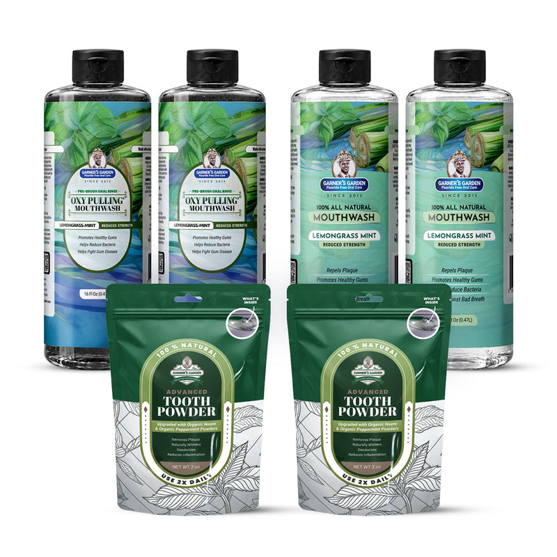 Garner's Garden 2 Pack Oral Care Package | Trio | H2O2 | Fluoride Free Packages White Smoke 2 x 16oz Reduced Lemongrassmint Mouthwash & Oxy Pulling / 2 x 2oz Organic Tooth Powder