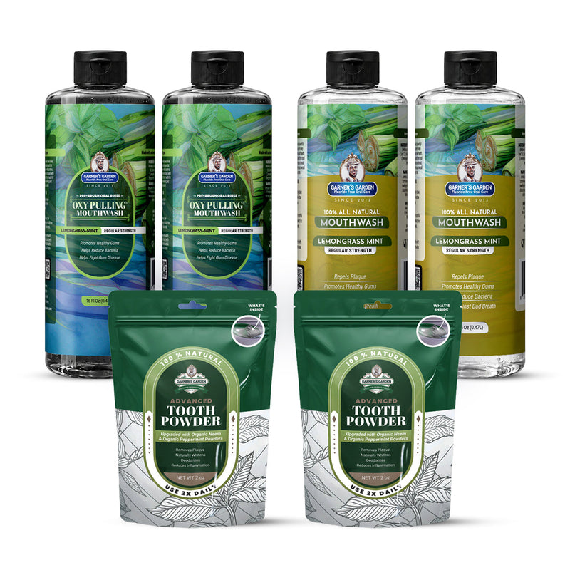 Garner's Garden 2 Pack Oral Care Package | Trio | H2O2 | Fluoride Free Packages White Smoke 2 x 16oz Regular Lemongrassmint Mouthwash & Oxy Pulling / 2 x 2oz Organic Tooth Powder