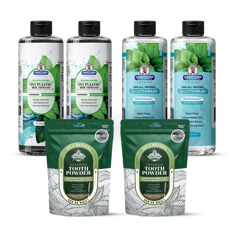 Garner's Garden 2 Pack Oral Care Package | Trio | H2O2 | Fluoride Free Packages White Smoke 2 x 16oz Reduced Peppermint Mouthwash & Oxy Pulling / 2 x 2oz Organic Tooth Powder