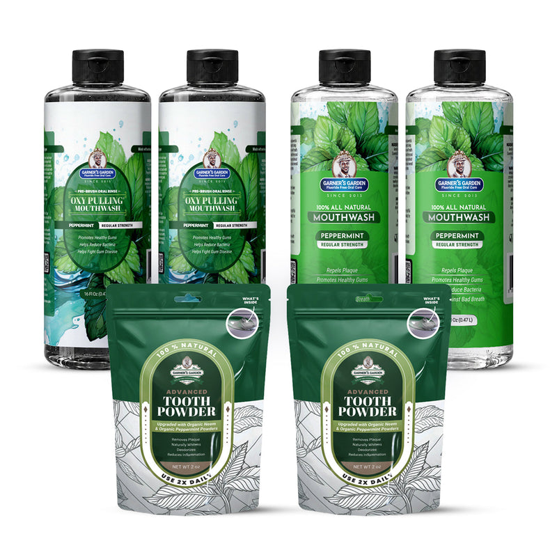 Garner's Garden 2 Pack Oral Care Package | Trio | H2O2 | Fluoride Free Packages White Smoke 2 x 16oz Regular Peppermint Mouthwash & Oxy Pulling / 2 x 2oz Organic Tooth Powder