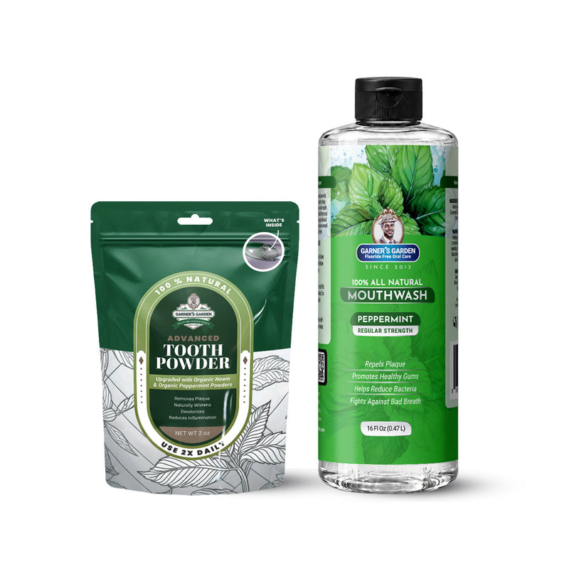 Garner's Garden Natural Mouthwash and Tooth Powder | H2O2 | Antibacterial Fluoride-Free Mouthwash White Smoke 16 oz Regular Peppermint Mouthwash / 2oz Organic Tooth Powder