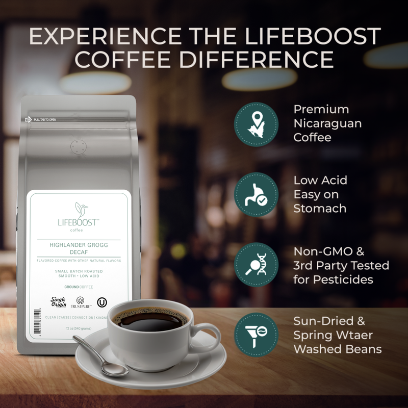 Lifeboost Coffee Highlander Grogg Decaf Decaf Roast Black Whole Bean / 1,Whole Bean / 3,Whole Bean / 6,Ground / 1,Ground / 3,Ground / 6