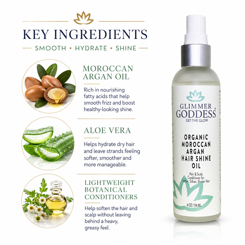 Glimmer Goddess® Organic Skin Care Organic Hair Shine Spray – Frizz Control & Hydrating Hair Growth White Smoke
