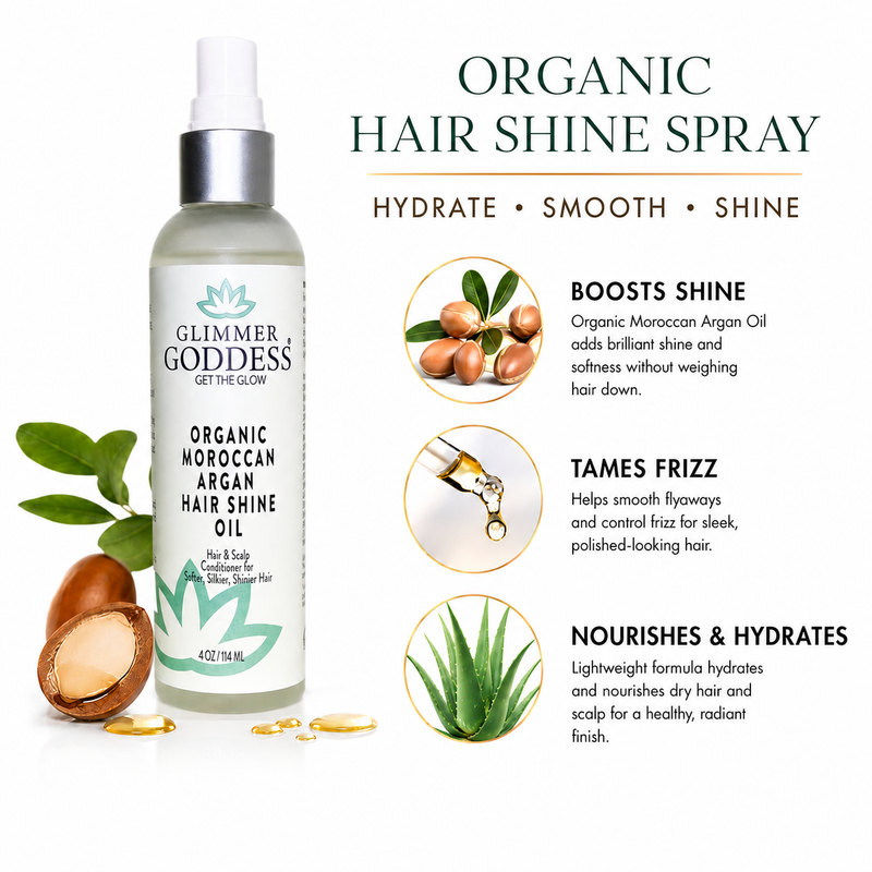 Glimmer Goddess® Organic Skin Care Organic Hair Shine Spray – Frizz Control & Hydrating Hair Growth White Smoke