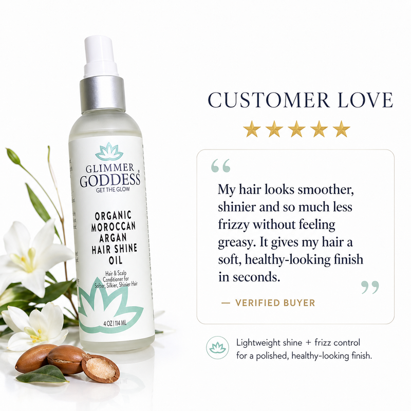 Glimmer Goddess® Organic Skin Care Organic Hair Shine Spray – Frizz Control & Hydrating Hair Growth White Smoke
