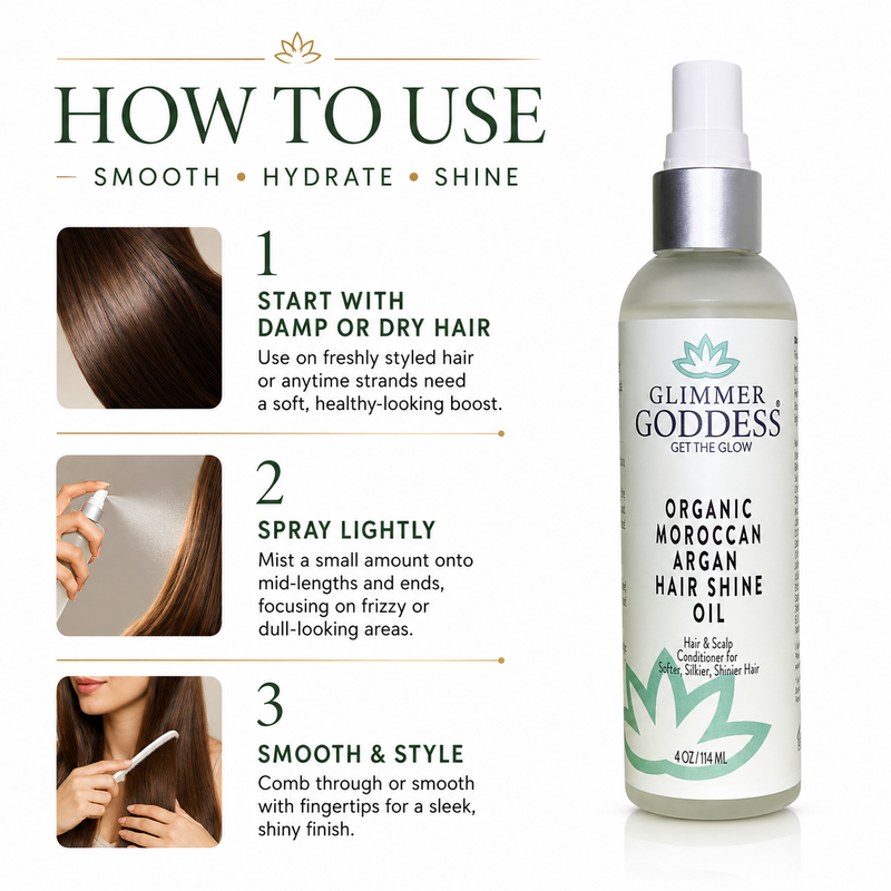 Glimmer Goddess® Organic Skin Care Organic Hair Shine Spray – Frizz Control & Hydrating Hair Growth White Smoke