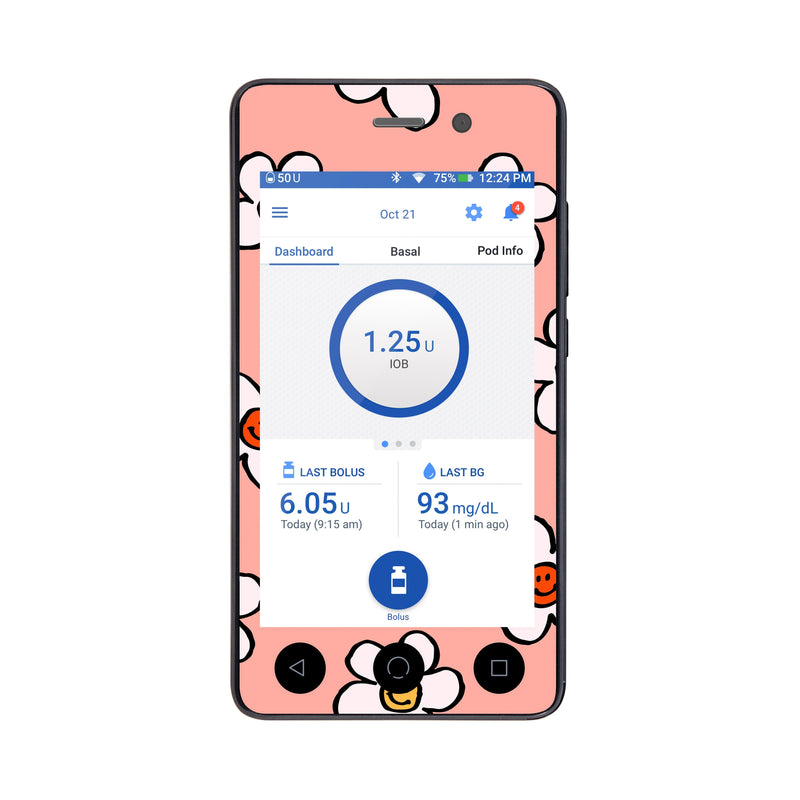 Peelz Happy FlowersSticker for Omnipod DASH® PDM – Pump Peelz Peelz/Stickers White Smoke Whole System Peelz (front + case),Front Peelz,Case Peelz