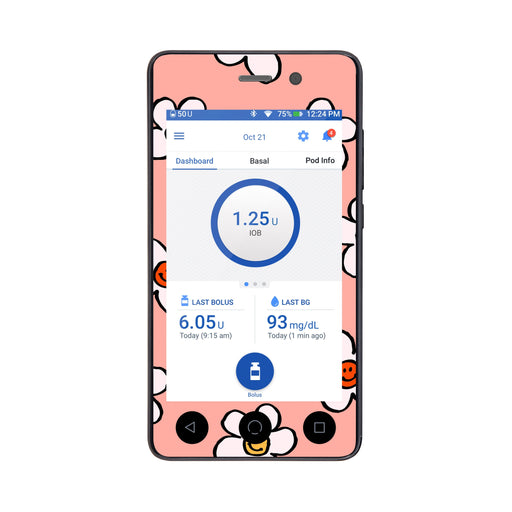 Peelz Happy FlowersSticker for Omnipod DASH® PDM – Pump Peelz Peelz/Stickers White Smoke Whole System Peelz (front + case),Front Peelz,Case Peelz