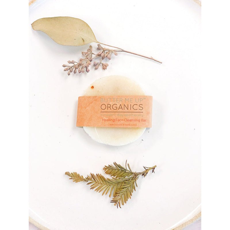 Butter Me Up Organics Healing Organic Facial Bar / Frankincense and Myrrh / Turmeric / Organic Face Wash / Organic Facial Cleanser / Face Cleanser / Cleansing Bar Face Beige Healing Organic Facial Bar,Healing Organic Facial Bar + Stained Wood Bamboo Soap Dish
