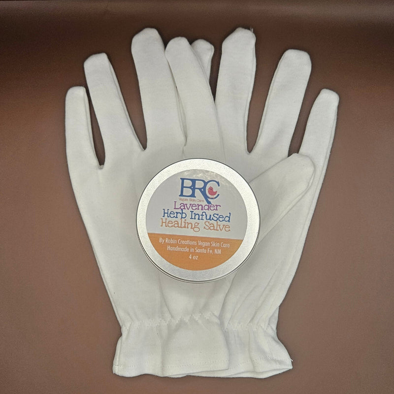 By Robin Creations Intense Herb-Infused Healing Balm + Cotton Gloves Set - Adult & Children Sizes Accessories & Containers Dim Gray 2oz Tin of Herb-Infused Healing Balm / Lemongrass Eucalyptus / Adult (Medium/Large),2oz Tin of Herb-Infused Healing Balm / Lemongrass Eucalyptus / Children (Small/ExtraSmall),2oz Tin of Herb-Infused Healing Balm / Soothing Lavender / Adult (Medium/Large),