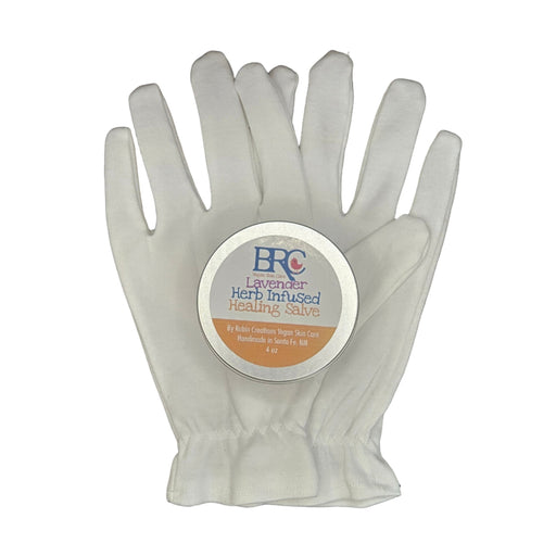 By Robin Creations Intense Herb-Infused Healing Balm + Cotton Gloves Set - Adult & Children Sizes Accessories & Containers White Smoke 4oz Tin of Herb-Infused  Healing Balm / Lemongrass Eucalyptus / Adult (Medium/Large),4oz Tin of Herb-Infused  Healing Balm / Lemongrass Eucalyptus / Children (Small/ExtraSmall),4oz Tin of Herb-Infused  Healing Balm / Soothing Lavender / Adult (Medium/Larg