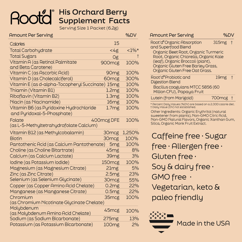 Root'd Advanced Daily Nutrition - Formulated for Men Electrolytes Peach Puff Orchard-Berry / 15 Pack,Orchard-Berry / 30 Pack,Orchard-Berry / 60 Pack,Orchard-Berry / 90 Pack,Bright-Strawberry / 15 Pack,Bright-Strawberry / 30 Pack,Bright-Strawberry / 60 Pack,Bright-Strawberry / 90 Pack