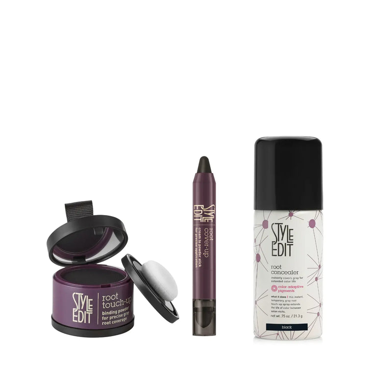Style Edit Travel Size Root Concealer Spray, Stick and Powder Trio Light Gray Black,Dark Brown,Medium Brown,Light Brown