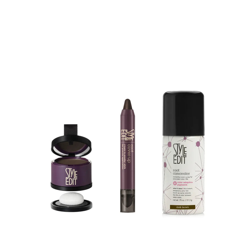 Style Edit Travel Size Root Concealer Spray, Stick and Powder Trio Light Gray Black,Dark Brown,Medium Brown,Light Brown