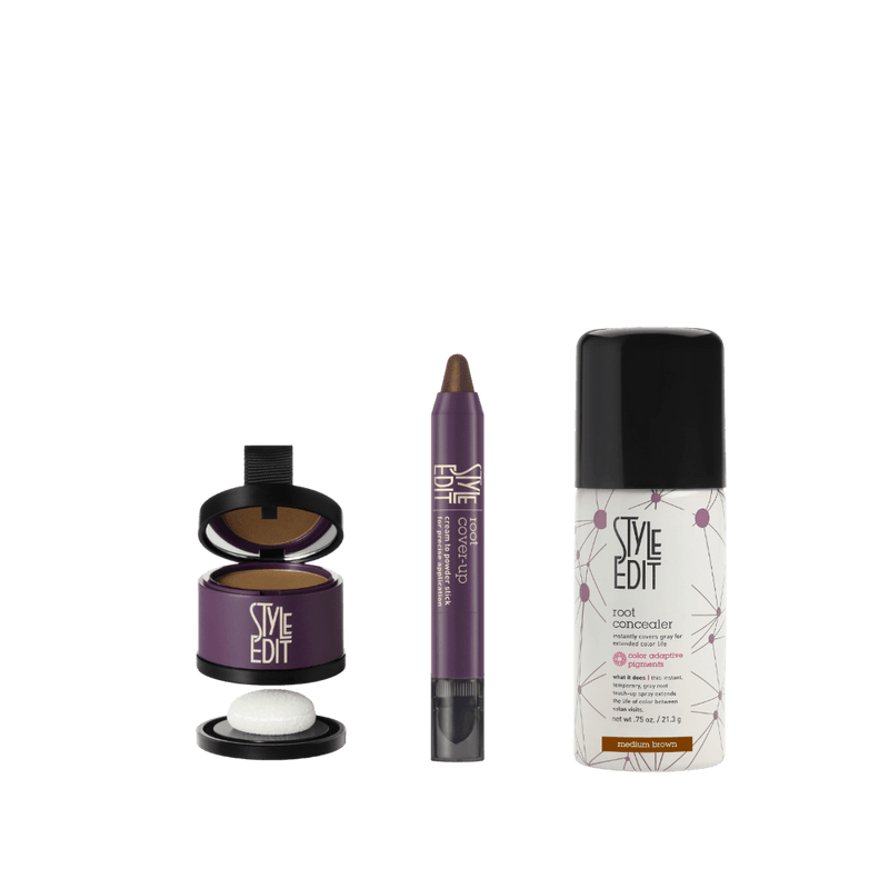 Style Edit Travel Size Root Concealer Spray, Stick and Powder Trio Light Gray Black,Dark Brown,Medium Brown,Light Brown