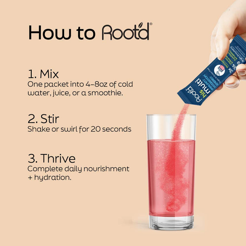 Root'd Advanced Daily Nutrition - Formulated for Men Electrolytes Peach Puff Orchard-Berry / 15 Pack,Orchard-Berry / 30 Pack,Orchard-Berry / 60 Pack,Orchard-Berry / 90 Pack,Bright-Strawberry / 15 Pack,Bright-Strawberry / 30 Pack,Bright-Strawberry / 60 Pack,Bright-Strawberry / 90 Pack