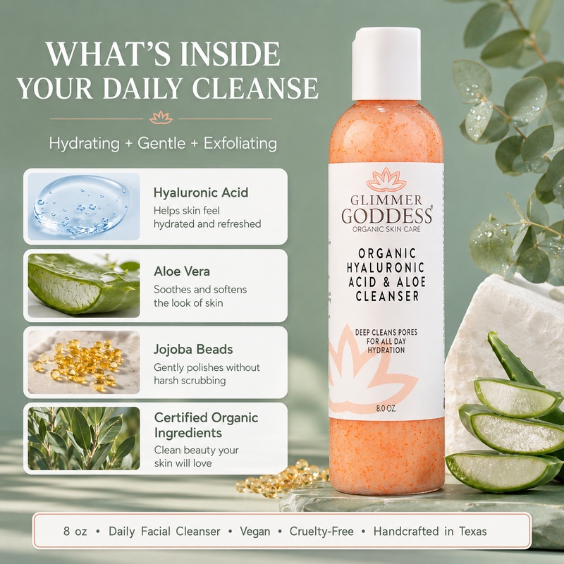Glimmer Goddess® Organic Skin Care Organic Hydrating Facial Cleanser with Exfoliating Jojoba Beads – 8 oz Cleansers & Scrubs Light Slate Gray 8 oz