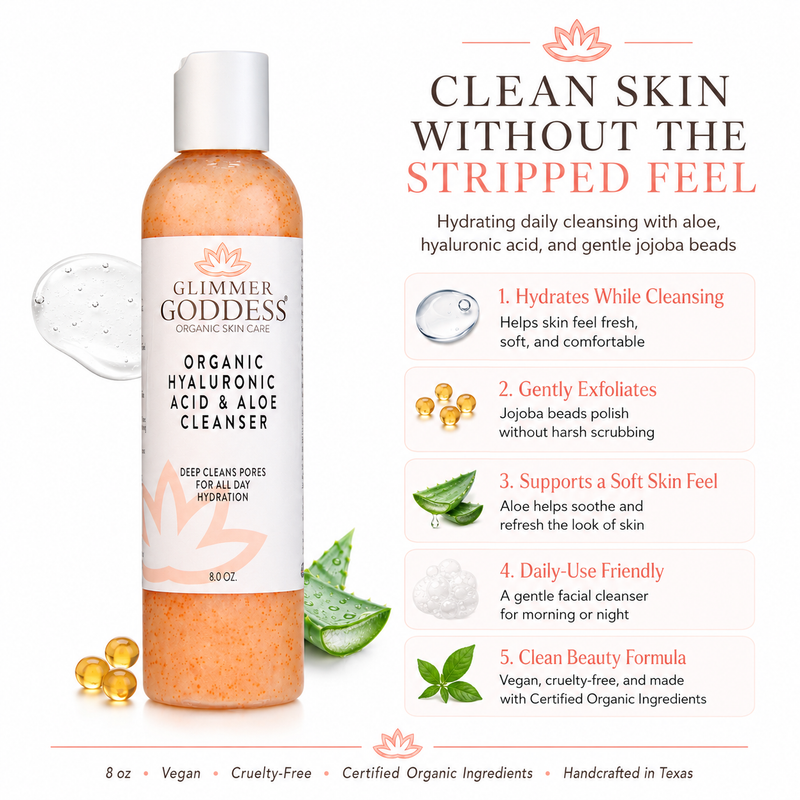 Glimmer Goddess® Organic Skin Care Organic Hydrating Facial Cleanser with Exfoliating Jojoba Beads – 8 oz Cleansers & Scrubs White Smoke 8 oz