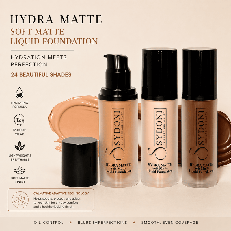 Sydoni Skincare and Beauty SYDONI HYDRA MATTE Liquid Foundation 1.08 fl. oz. Liquid Foundation Antique White F490 Cool,F480 Neutral,F460 Cool red,F450 Warm,F440 Neutral warm,F420 Neutral,F400 Warm red,F380 Cool red,F360 Neutral olive,F340 Cool pink,F330 Warm yellow,F320 Warm peach,F300 Neutral,F290 Neutral olive,F270 Warm peach,F260 Neutral,F250 Warm peach,F230
