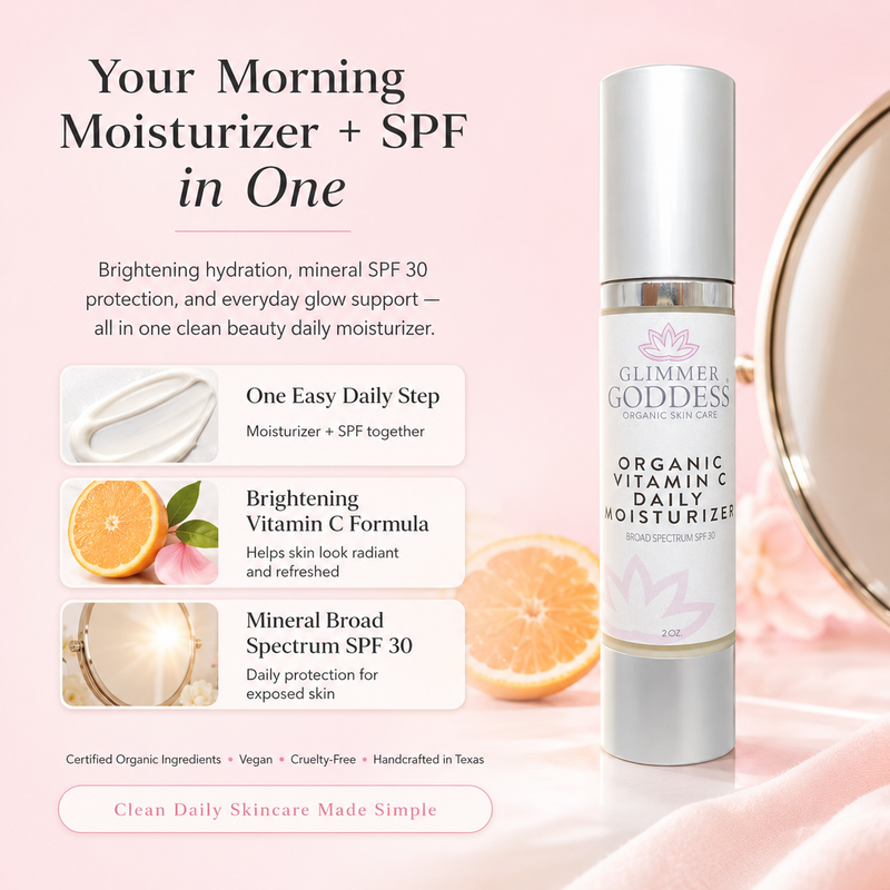 Glimmer Goddess® Organic Skin Care Organic Vitamin C Daily Moisturizer SPF 30 – Brightening Formula Moisturizers Misty Rose 2 oz. JAR,2 oz. Airless Bottle - SUMMER VERSION