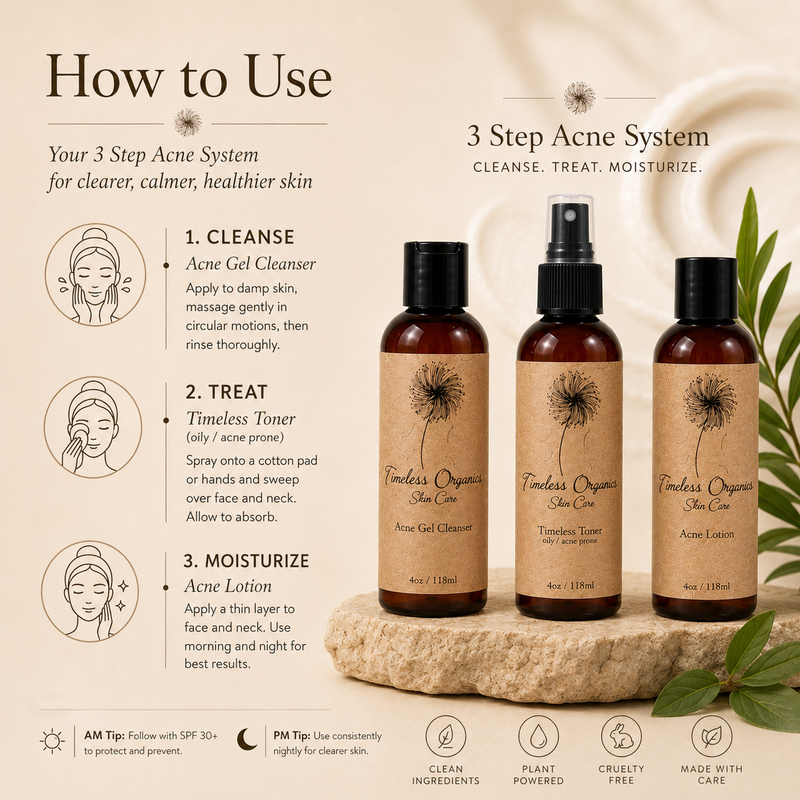Timeless Organics Skin Care 3-Step Acne System Kit Antique White Gel,Foaming