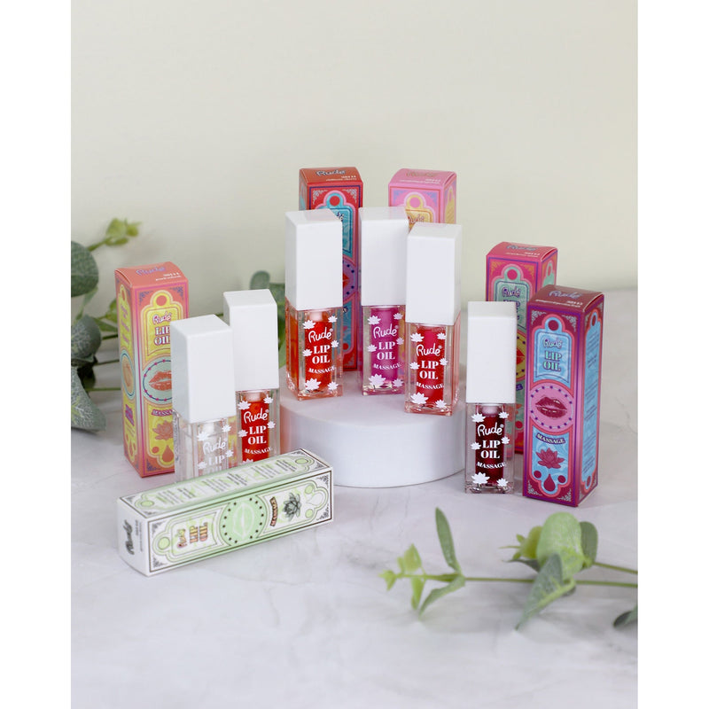 Rude Cosmetics Lip Oil Massage Lip Oil Light Gray Chillaxin' Cherry,Energizing Grapefruit,Strawberry Sauna,Peach Refresh,Pampered Passionfruit,Green Tea Detox