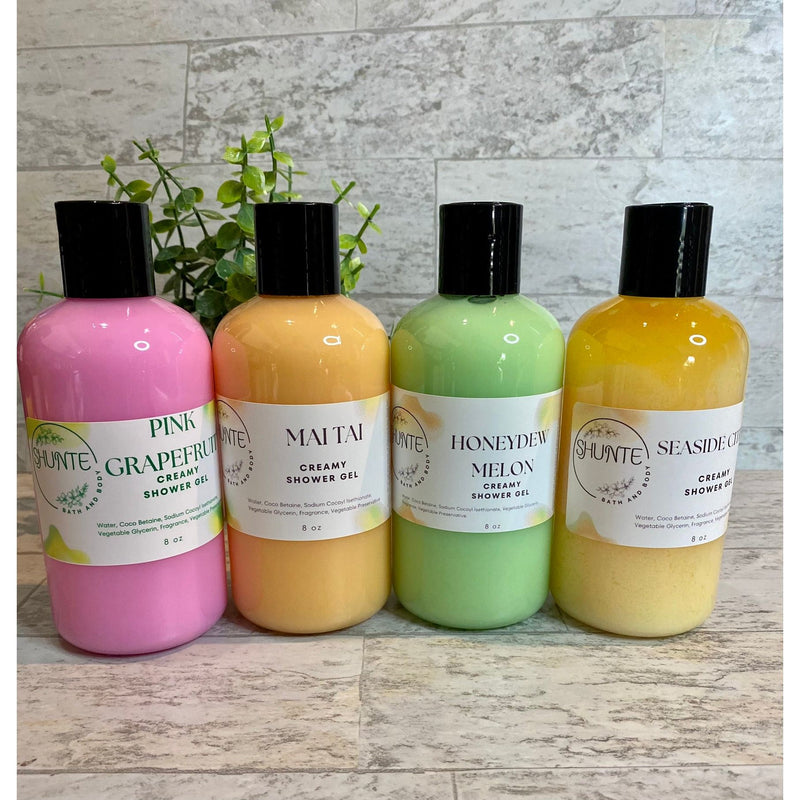 shuntebathandbody Creamy Vegan Shower Gels Gray Pink Grapefruit,Pink Sugar,Sandalwood Cashmere,Sea Salt & Lily,Seaside Citrus,Mai Tai,Strawberry Guava,Tennessee Whiskey,Baby Powder,Fruit Loops,Honeydew Melon,Lavender,Legend,Prosperity,Love Spell,Oatmeal Milk & Honey,Palo Santo,Cocoa Butter Cashmere,Van