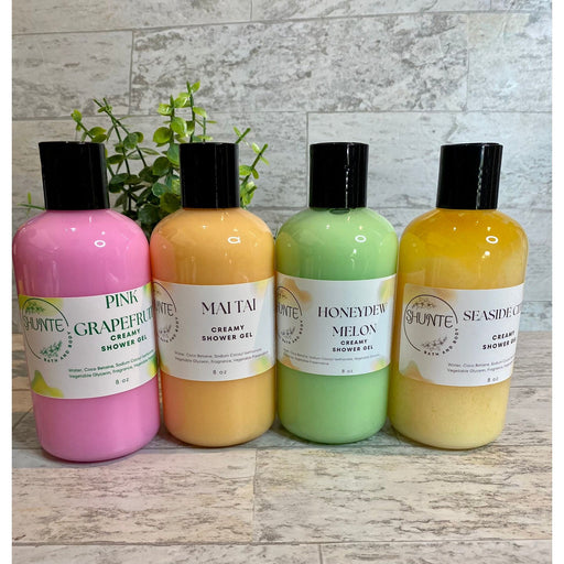 shuntebathandbody Creamy Vegan Shower Gels Gray Pink Grapefruit,Pink Sugar,Sandalwood Cashmere,Sea Salt & Lily,Seaside Citrus,Mai Tai,Strawberry Guava,Tennessee Whiskey,Baby Powder,Fruit Loops,Honeydew Melon,Lavender,Legend,Prosperity,Love Spell,Oatmeal Milk & Honey,Palo Santo,Cocoa Butter Cashmere,Van