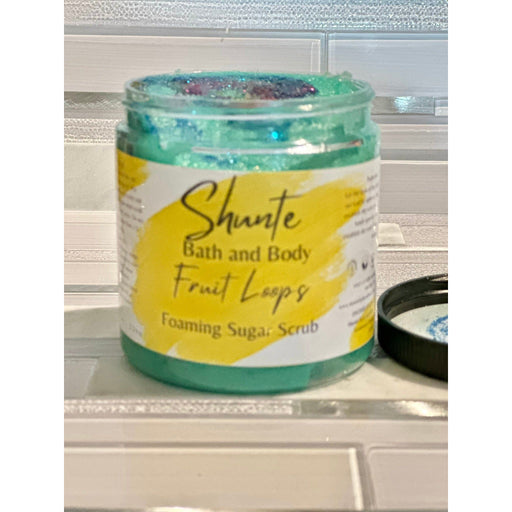 shuntebathandbody Foaming Sugar Scrub Gray Fruit Loops,Pink Grapefruit,Sea Salt & Lily,Seaside Citrus,Mai Tai,Strawberry Guava,Baby Powder,Honeydew Melon,Lavender,Turmeric,Love Spell (Dupe),Oatmeal Milk & Honey,Cocoa Butter Cashmere,Caramel Frappe,White Eucalptus,Peppermint Candy,Blueberry Cheesec