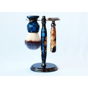 CreationsByWill Buckeye Burl Shave Set – Handmade Safety Razor, 26mm Synthetic Shaving Brush & Stand – Blue Resin Wet Shaving Kit – Luxury Men’s Grooming Gift Shave Set Alice Blue