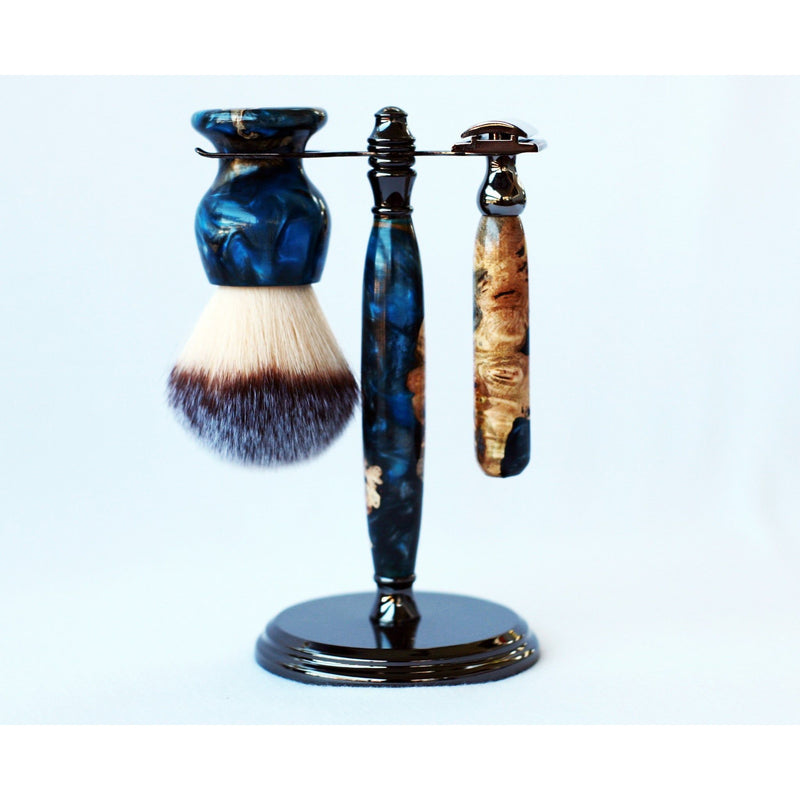 CreationsByWill Buckeye Burl Shave Set – Handmade Safety Razor, 26mm Synthetic Shaving Brush & Stand – Blue Resin Wet Shaving Kit – Luxury Men’s Grooming Gift Shave Set Alice Blue