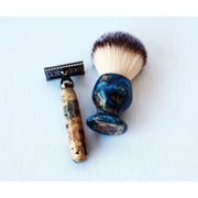CreationsByWill Buckeye Burl Shave Set – Handmade Safety Razor, 26mm Synthetic Shaving Brush & Stand – Blue Resin Wet Shaving Kit – Luxury Men’s Grooming Gift Shave Set Lavender