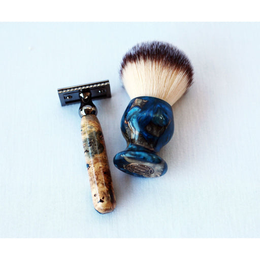 CreationsByWill Buckeye Burl Shave Set – Handmade Safety Razor, 26mm Synthetic Shaving Brush & Stand – Blue Resin Wet Shaving Kit – Luxury Men’s Grooming Gift Shave Set Lavender