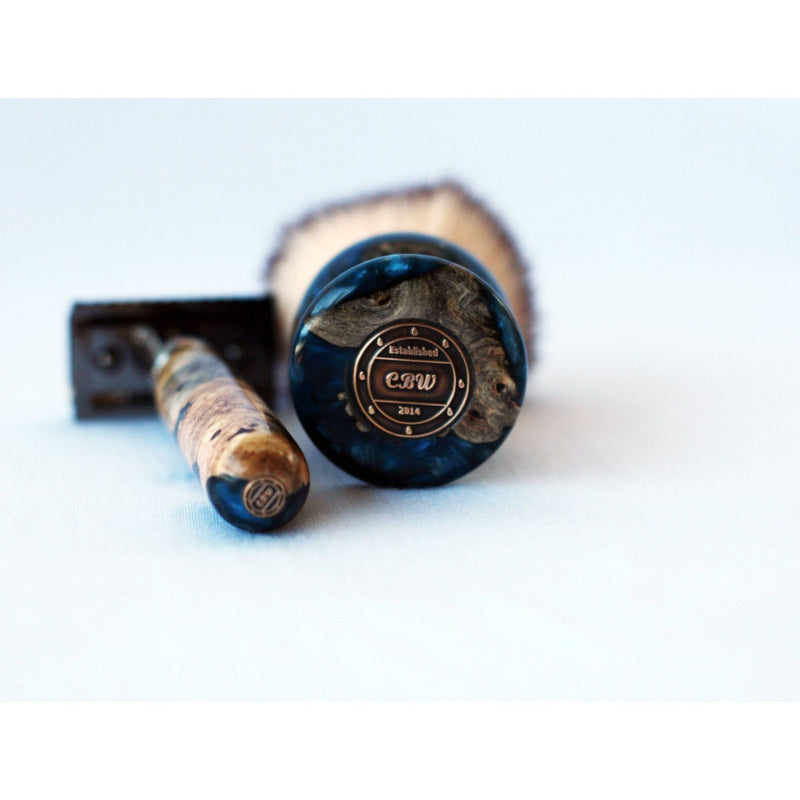 CreationsByWill Buckeye Burl Shave Set – Handmade Safety Razor, 26mm Synthetic Shaving Brush & Stand – Blue Resin Wet Shaving Kit – Luxury Men’s Grooming Gift Shave Set White Smoke