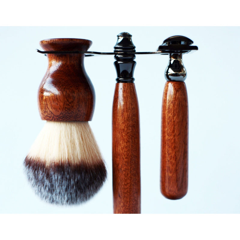 CreationsByWill Mahogany Wood Hand Crafted Shave Set with Gunmetal Safety Razor, 26mm Lather Brush, and Matching Shave Stand Shave Set Dark Slate Gray