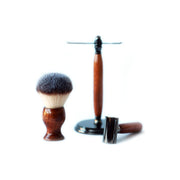 CreationsByWill Mahogany Wood Hand Crafted Shave Set with Gunmetal Safety Razor, 26mm Lather Brush, and Matching Shave Stand Shave Set Light Gray