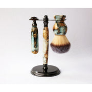 CreationsByWill Buckeye Burl Wood Hand Crafted Shave Set with 'Travel to Jupiter'( pearl)Resin safety razor, 26mm lather brush and a matching shave stand. Shave Set Lavender