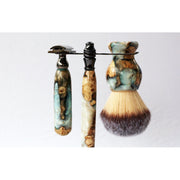 CreationsByWill Buckeye Burl Wood Hand Crafted Shave Set with 'Travel to Jupiter'( pearl)Resin safety razor, 26mm lather brush and a matching shave stand. Shave Set Lavender